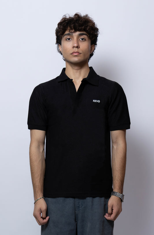 BLACK TEXTURED KNITTED POLO