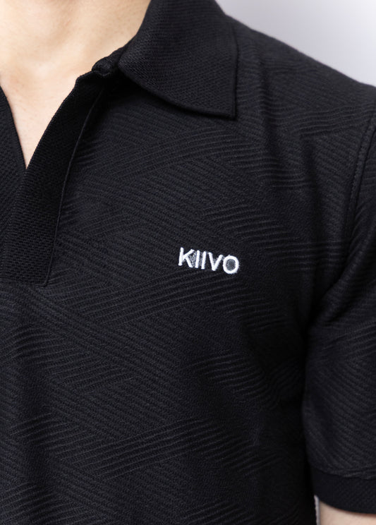 BLACK TEXTURED KNITTED POLO
