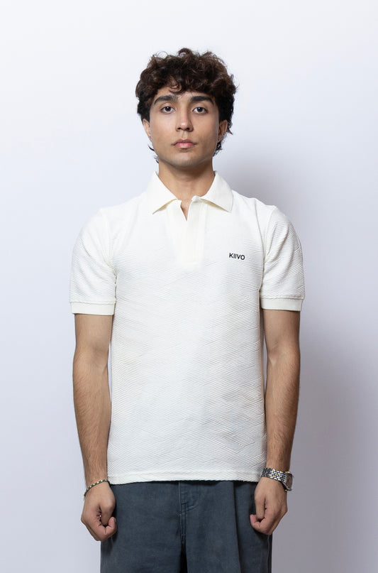WHITE TEXTURED KNITTED POLO
